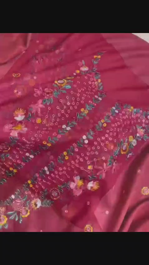 Load video: Burgundy Floral Embroidered 3-Piece Unstitched Suit – Winter Collection